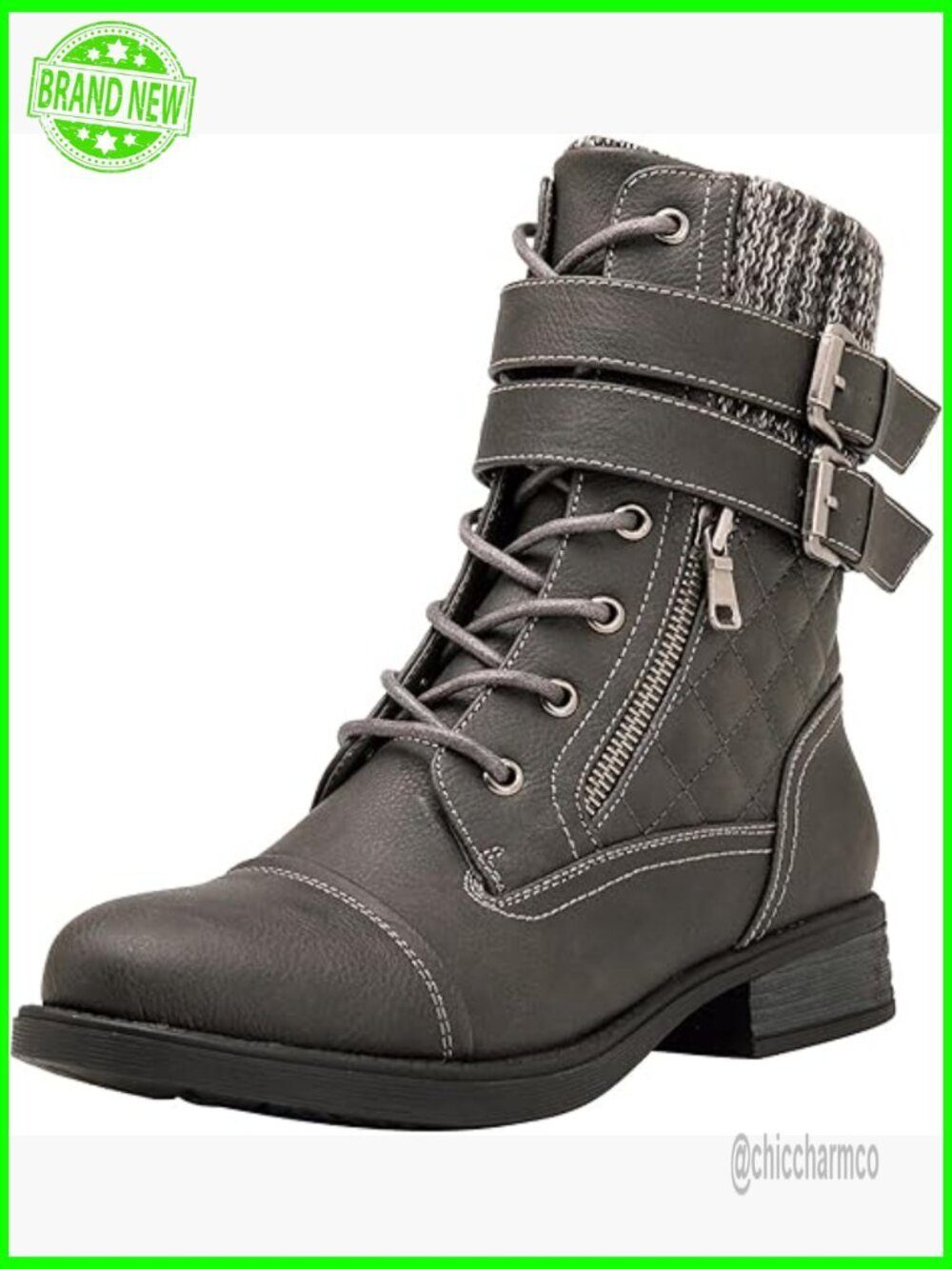 Lace Up Ankle Combat Boots - Low Heel, Padded Footbed, Vegan Leather
